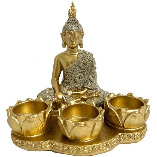 Buda Poravela x 3 Flor Loto Dorado Poliresina 16cm