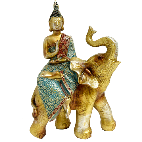Buda Sobre Elefante Dorado Poliresina 16.5cm