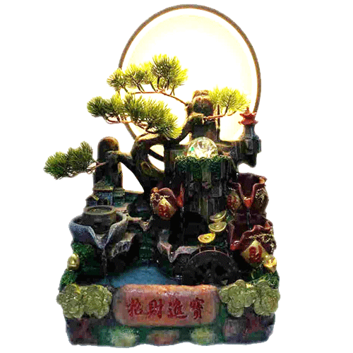 Fuente Arbol 3 Jarras Letra China Lingote + Aro Luz Poliresina 35cm