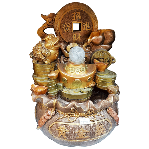 Fuente Moneda Rana Sobre Moneda Lingote Poliresina 31cm