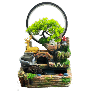 Fuente Venado Dorado Acostado Puente Pagoda + Aro Luz Poliresina 31cm