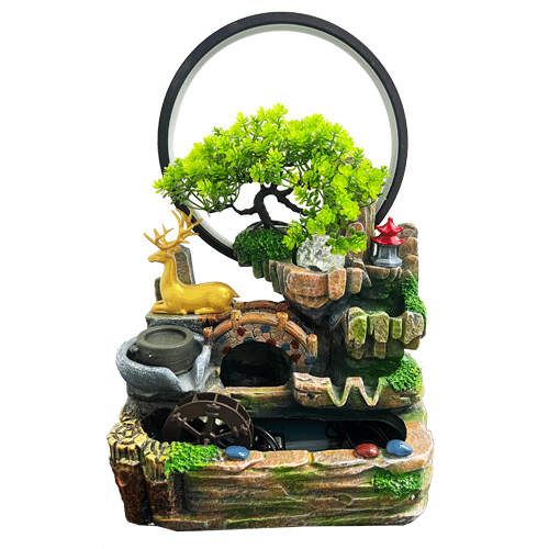 Fuente Venado Dorado Acostado Puente Pagoda + Aro Luz Poliresina 31cm